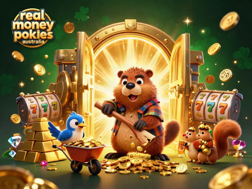 Experience real money pokies Australia action with a vibrant scene featuring whimsical characters and abundant gold.