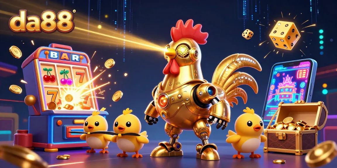 Experience winning with da88 in a vibrant, animated casino scene featuring a golden rooster and baby chick drones.