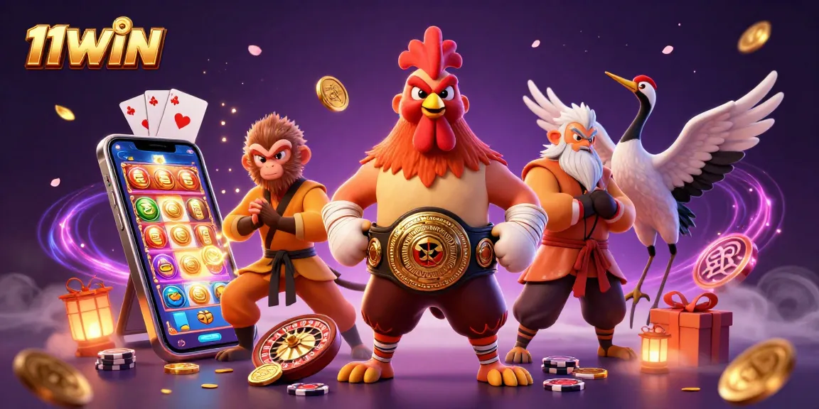 Engage with thrilling action at 11WIN, featuring a Muay Thai rooster and Shaolin monkey among casino games.