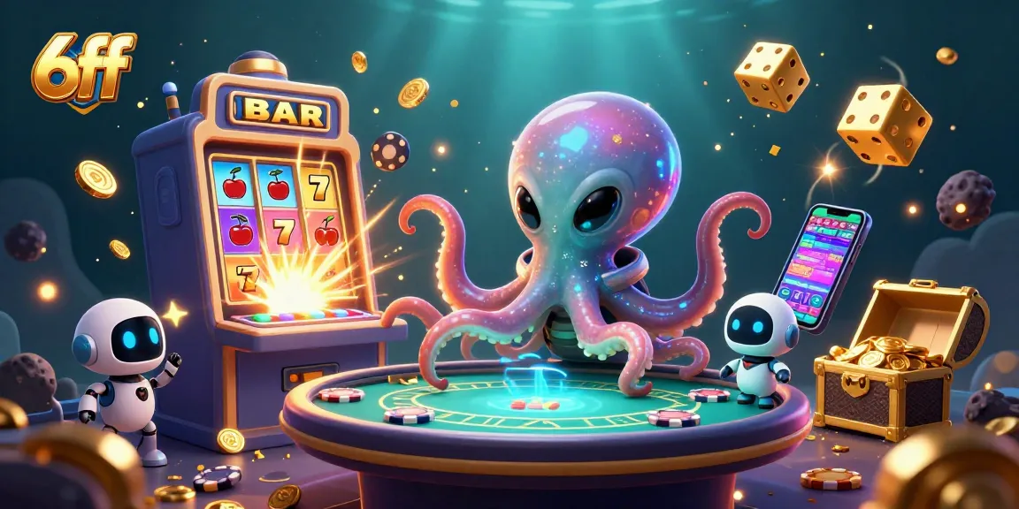 Experience exciting gameplay with 6ff's vibrant casino illustration featuring an alien octopus at a poker table.