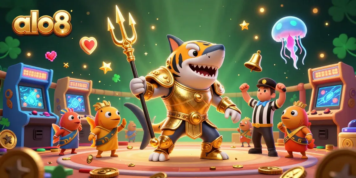 Join the action at ALO8 with a 3D shark gladiator battling for treasures amidst vibrant gaming elements.