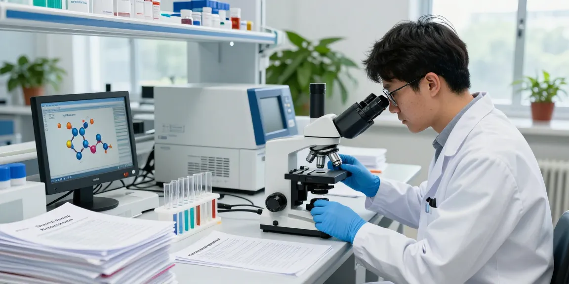 Detailed laboratory scene showcasing SwissChems Peptides analysis under a microscope for purity testing.