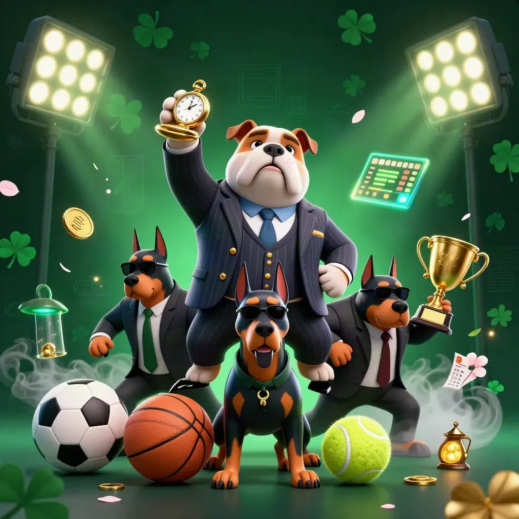 Bulldog boss and Doberman guards amid gold coins, sports balls, trophy, and neon casino lights.