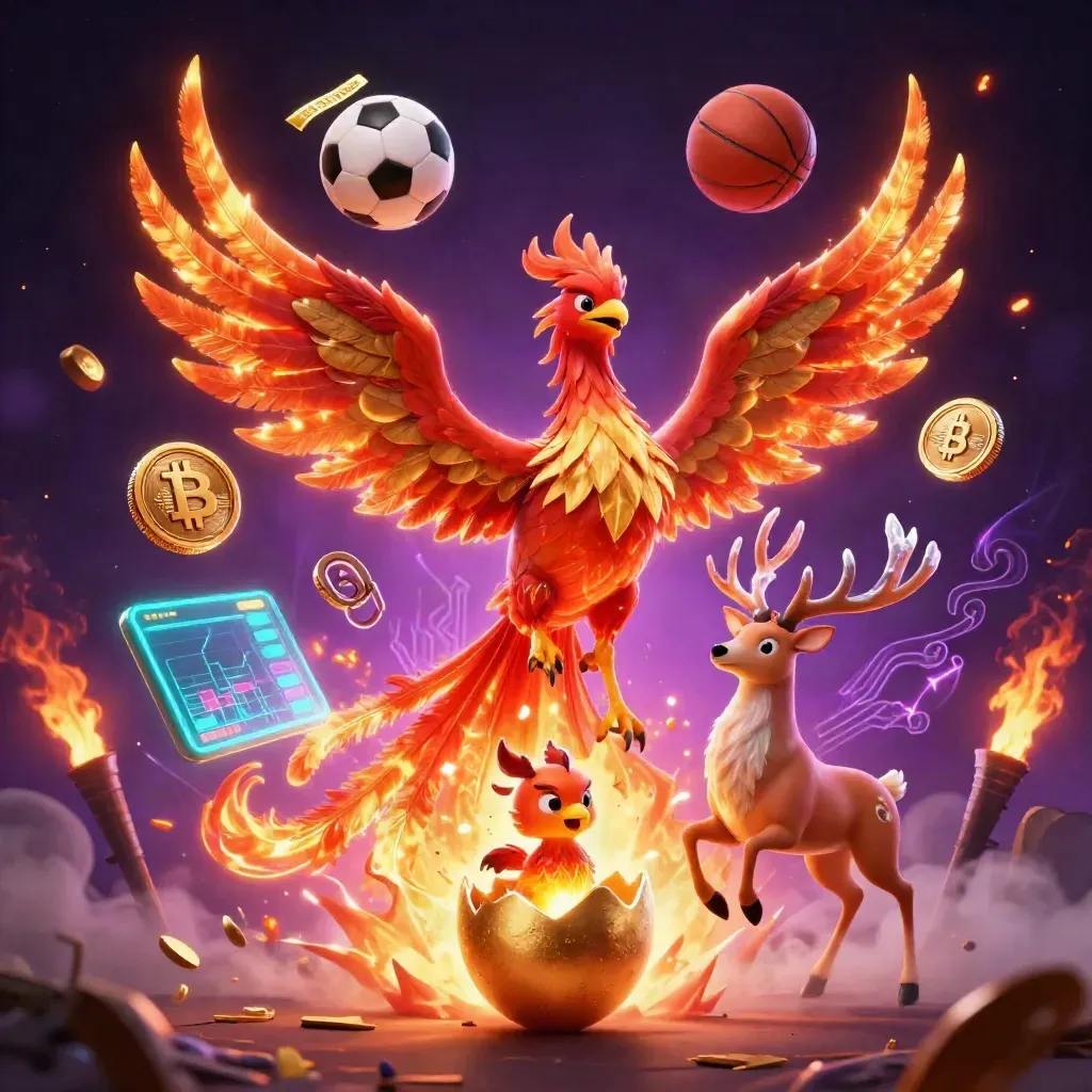 Phoenix, stag and casino coins amid sports gear on a neon cosmic backdrop.