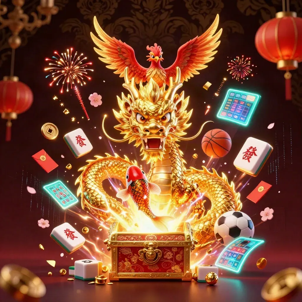 Golden dragon with phoenix, koi, and casino icons burst in neon light over dark luxury backdrop.