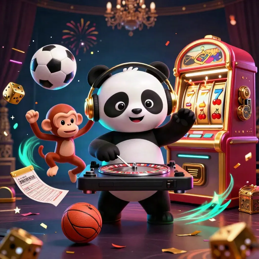 Ground-level casino key art with panda, monkey, kitten, slot machine, balls, confetti, and gold glow.