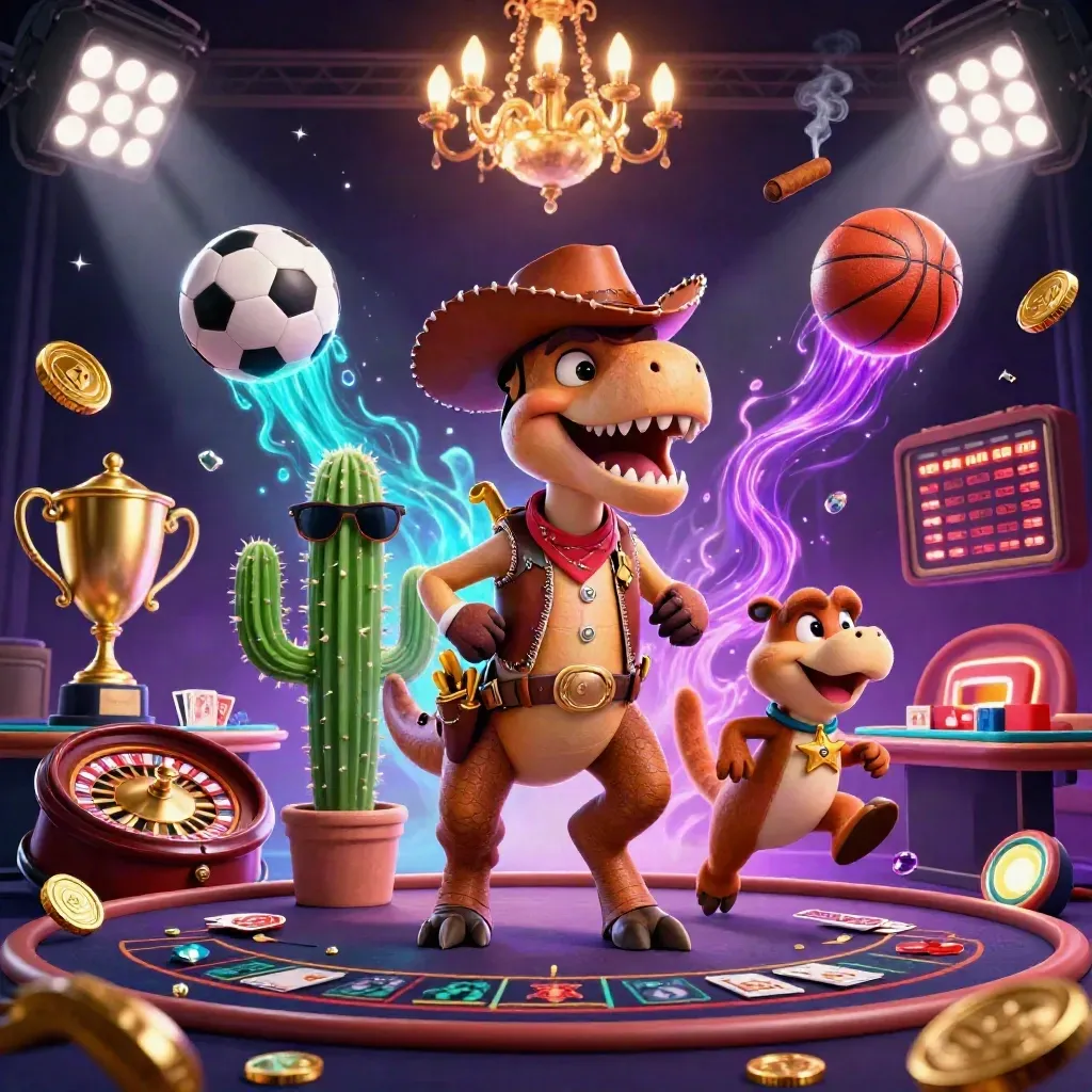 Cowboy T-Rex, cactus sidekick, and sheriff roadrunner in a glowing casino action scene.