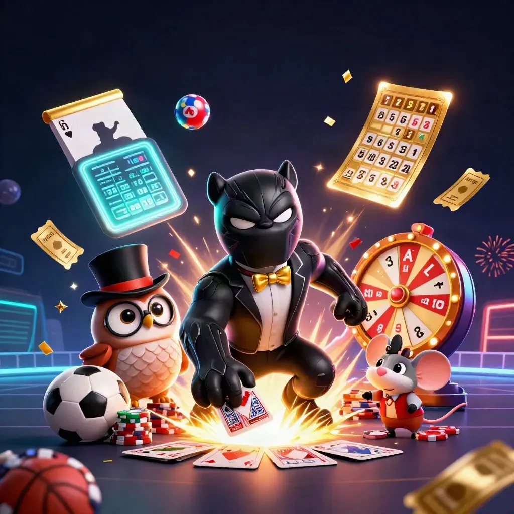 Panther, owl, and mouse in a neon casino-sports burst with balls, chips, confetti, and glow.