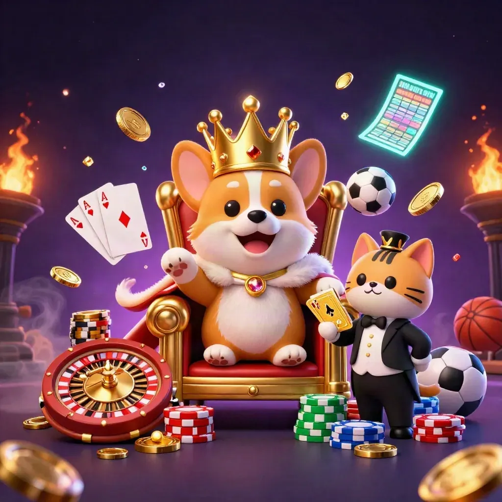 Crowned corgi and cat butler amid flying chips, coins, cards, roulette wheel, and neon casino glow.