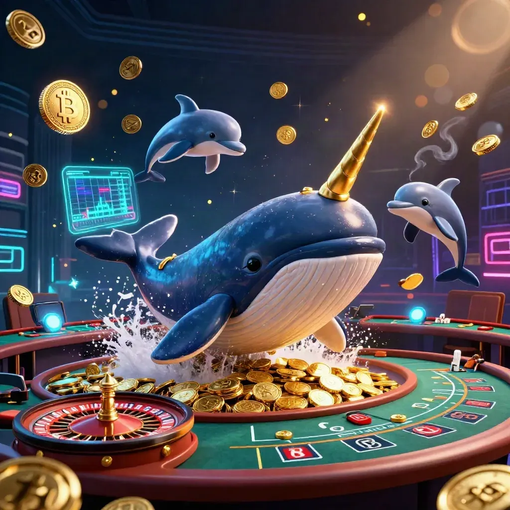 Cartoon whale captain, narwhal, and dolphins in a glowing casino sea of gold coins and neon crypto.