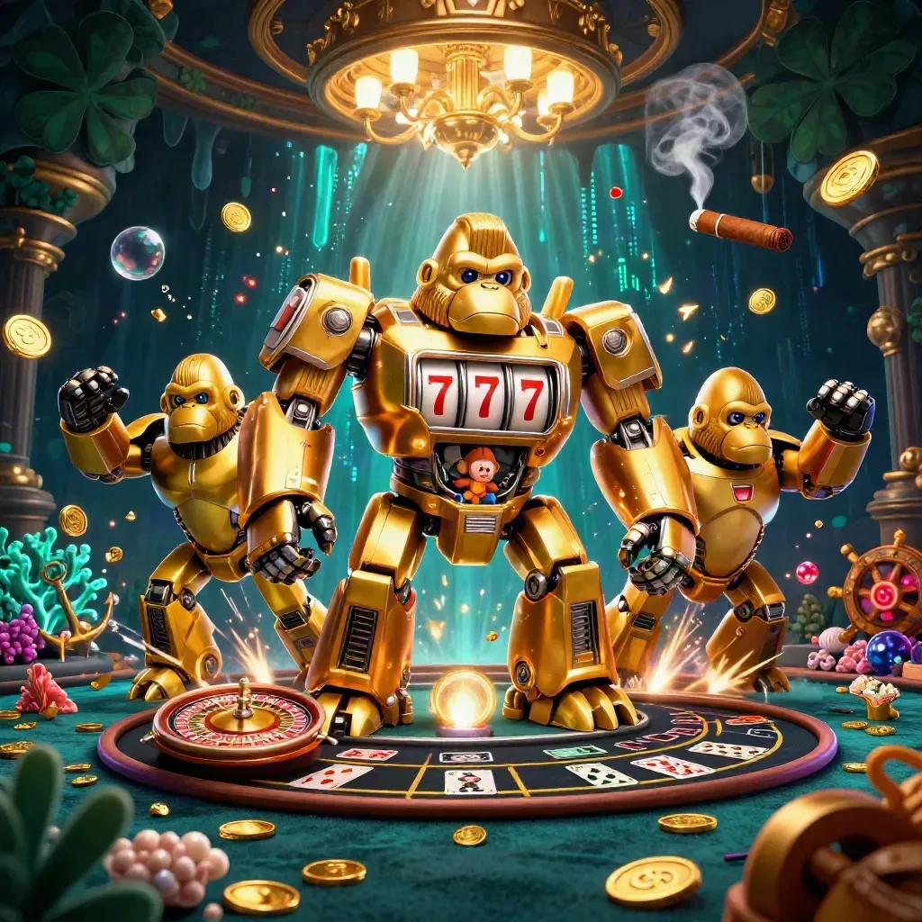 Golden gorilla mech with monkey pilot amid casino treasure cove, roulette wheel, coral, and gold light