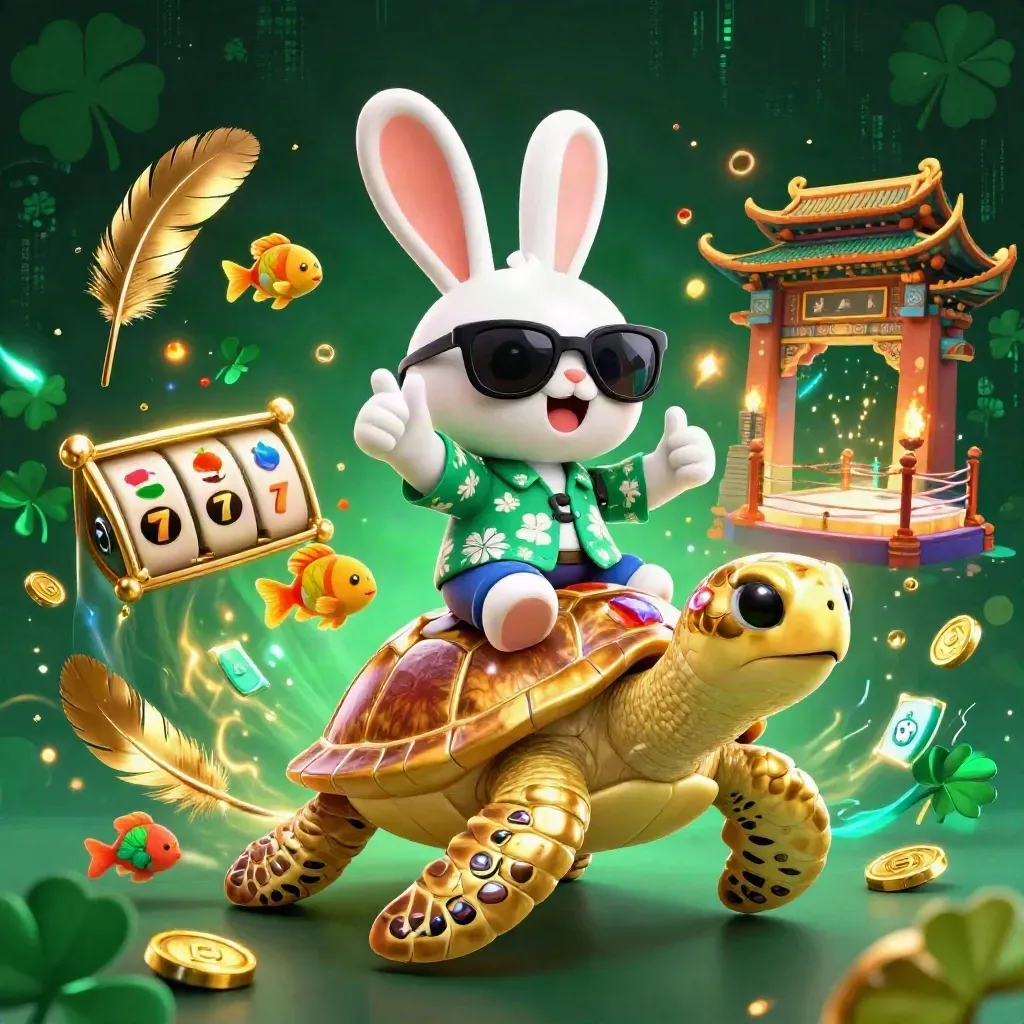 Lucky rabbit on a golden sea turtle amid casino reels, coins, temple gate, and neon energy.