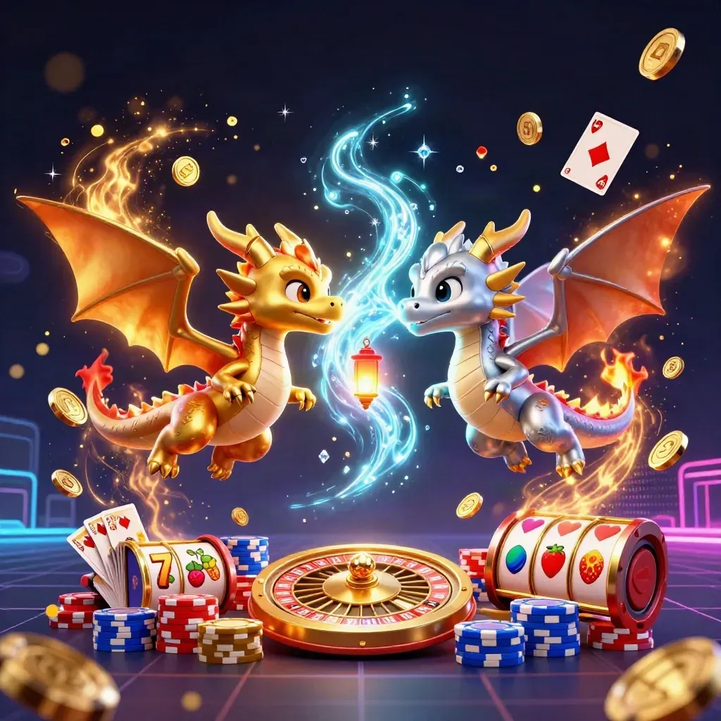 Twin gold and silver dragons spiral in a casino glow with coins, gems, and cards.