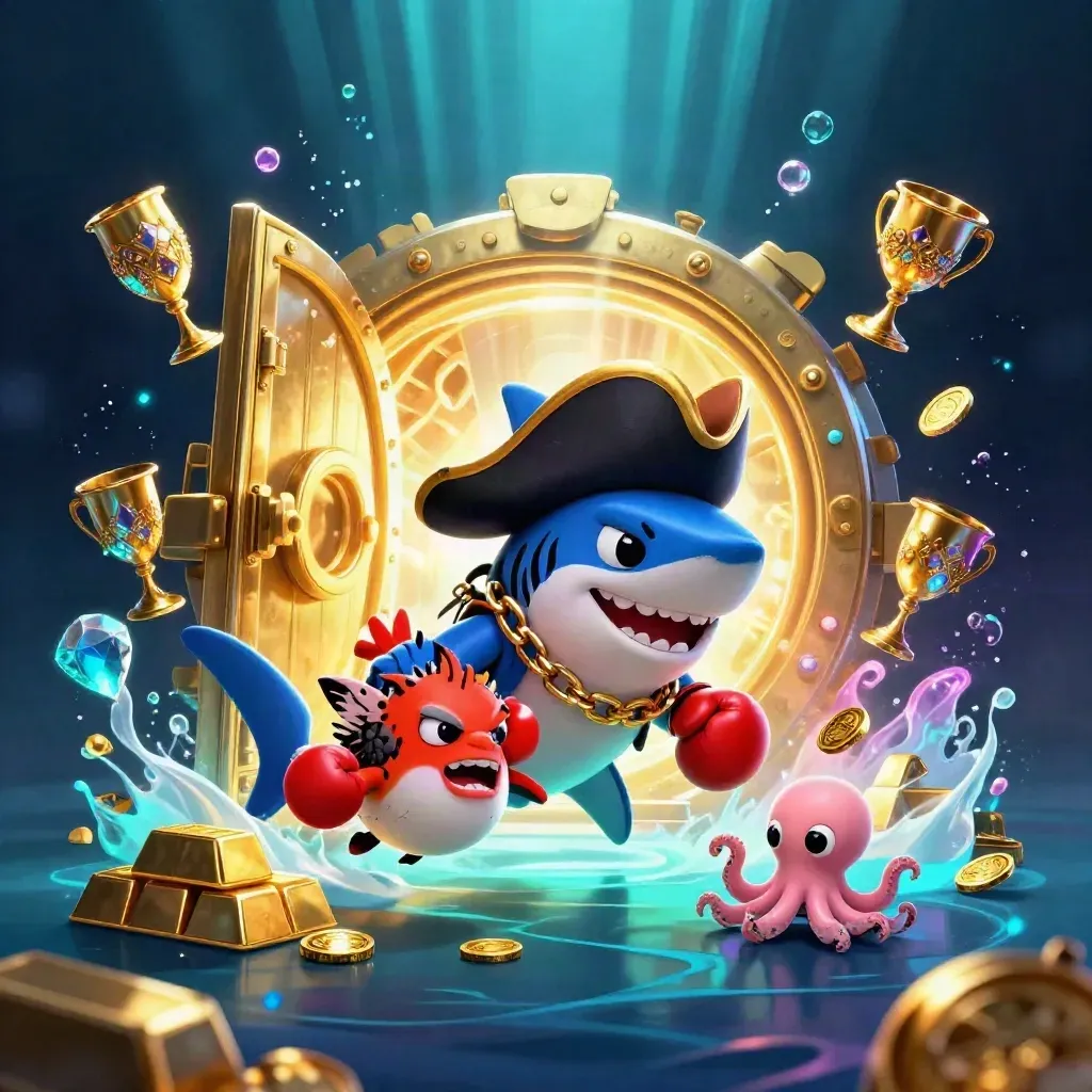 Pirate shark, red pufferfish, and baby octopus burst from a gold vault underwater.