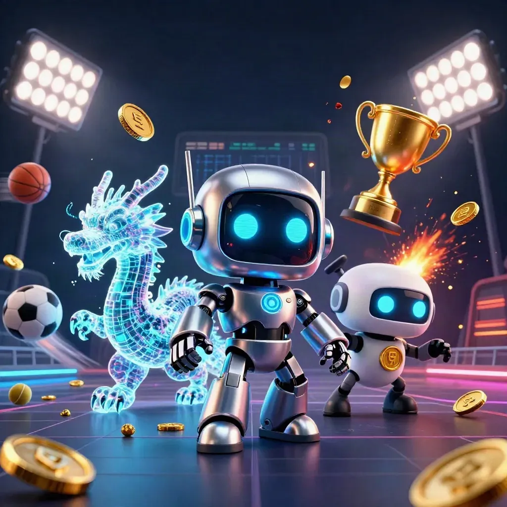 Cyberpunk robot, holographic dragon, and coin drone amid casino sports glow and flying coins.