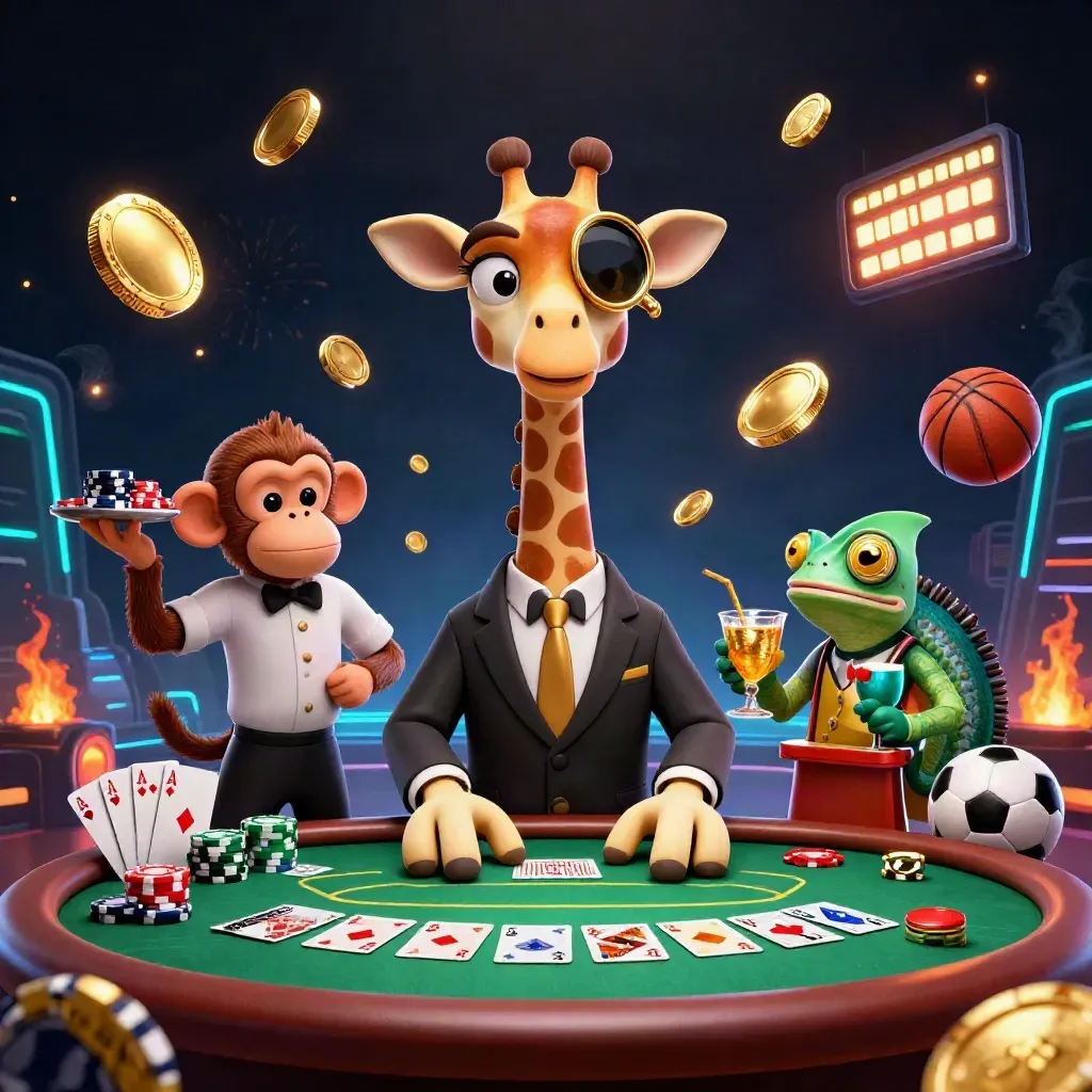 Giraffe, monkey, and chameleon celebrate over a neon casino poker table with coins and fireworks