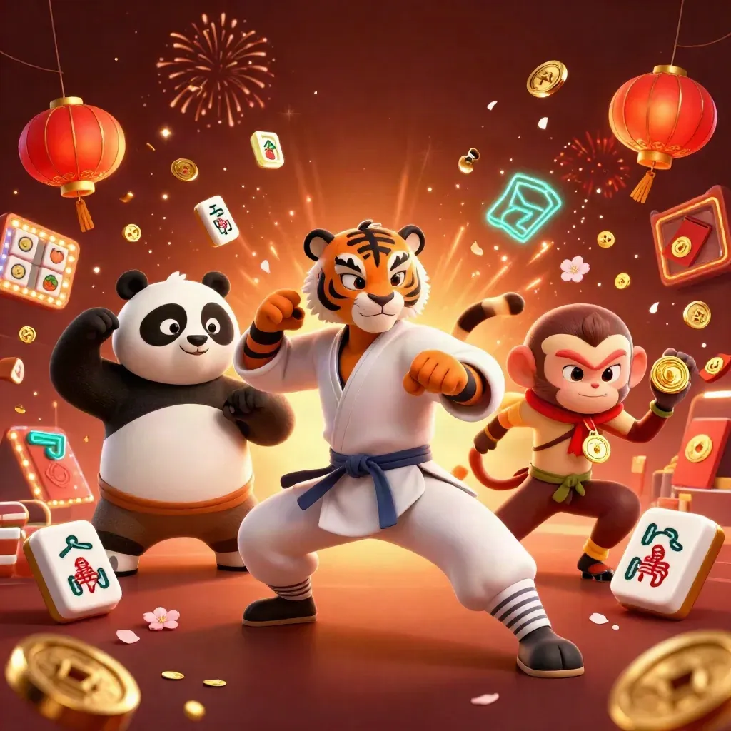 Kung-fu tiger, panda, and monkey amid casino-themed gold, coins, lanterns, and fireworks.