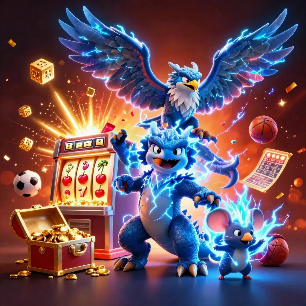 Thunder dragon, wind hawk, and thunder-mouse amid casino jackpots, gold coins, and fireworks.