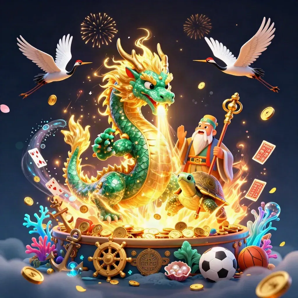 Emerald dragon, turtle sage, and cranes amid gold coins, coral, and casino symbols in a dark neon treasure cove.