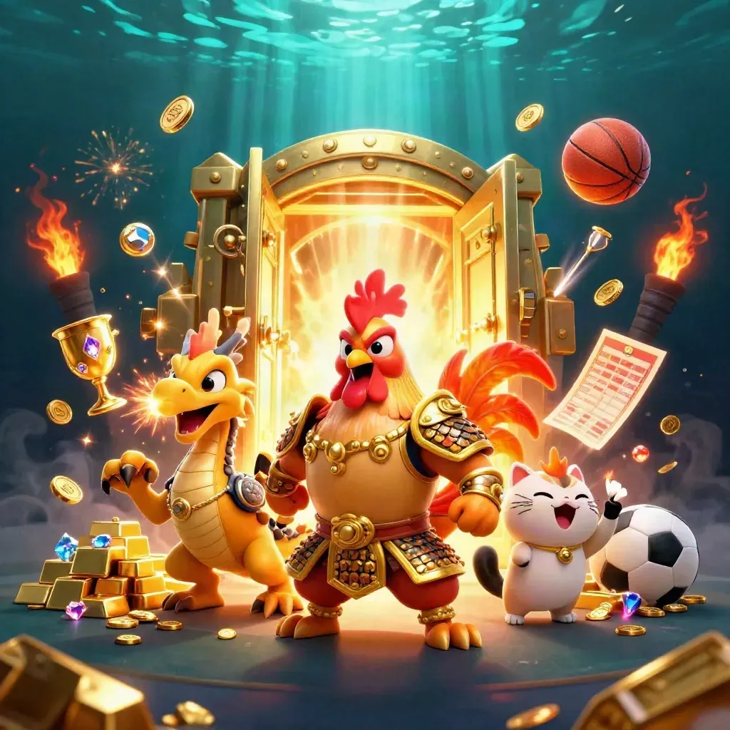 Rooster warrior, dragon hatchling, and fortune cat amid vault gold, sparks, sports icons, fireworks