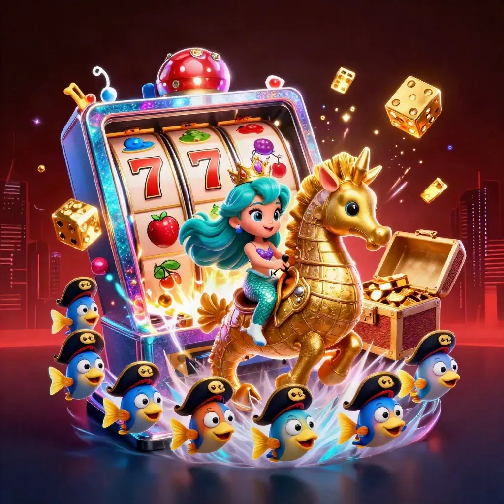 Mermaid princess on armored seahorse amid exploding slot reels, gold, dice, and pirate fish