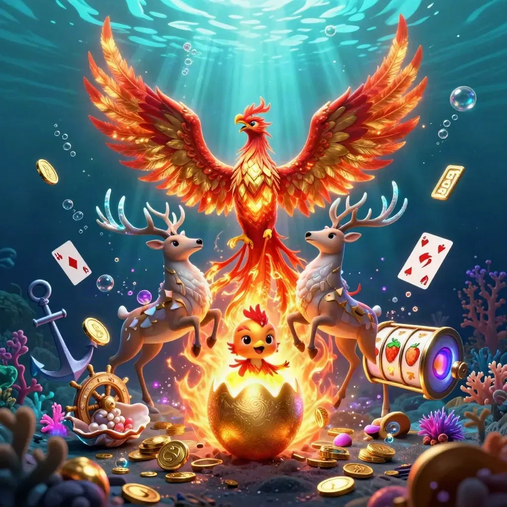 Phoenix, hatchling egg and crystal-antler stag amid underwater coins, coral and slot reels.