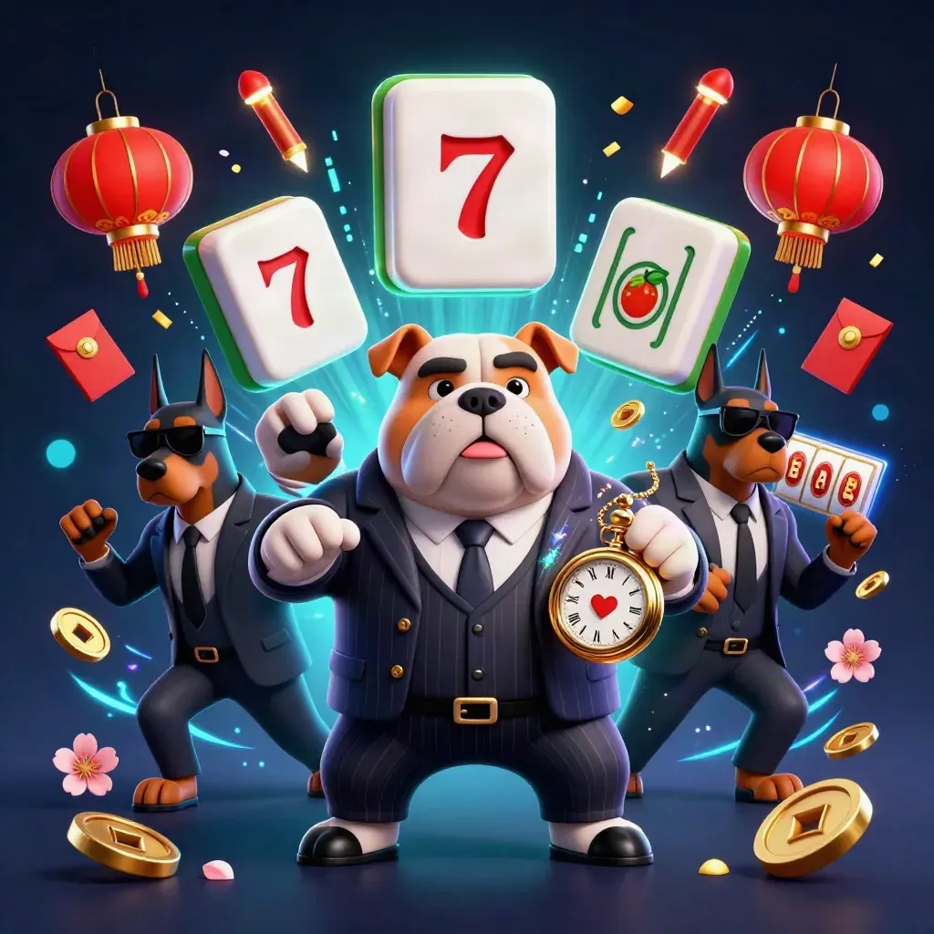 Mafia bulldog and Doberman guards amid casino luck symbols, neon bolts, and jackpot flair.