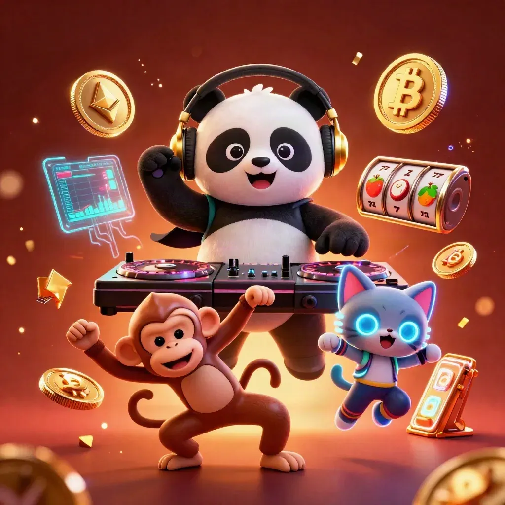 DJ panda, breakdancing monkey, and rave kitten amid casino coins and neon slot effects