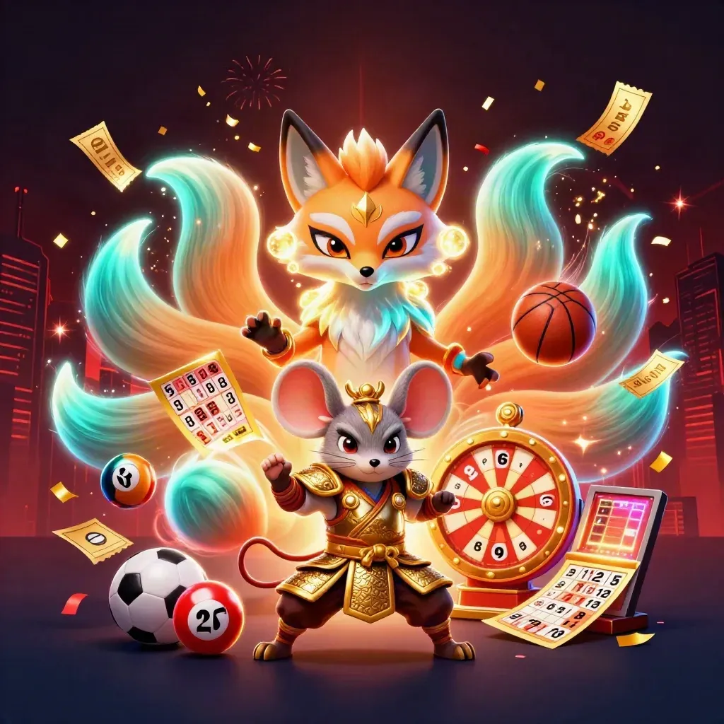 Nine-tailed fox spirit and armored mouse amid casino tokens, fireworks, and neon glow.