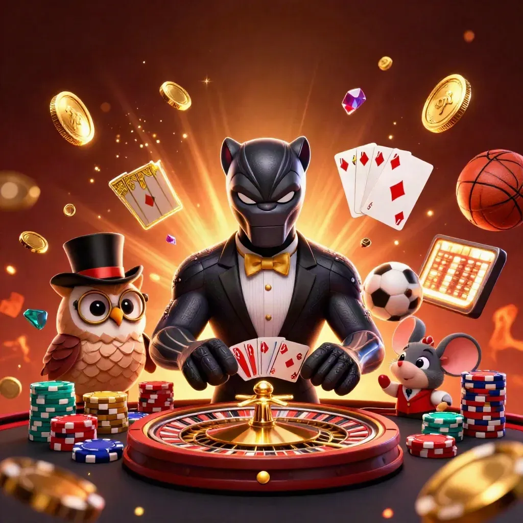 Panther, owl, and mouse amid casino chips, coins, cards, and sports props