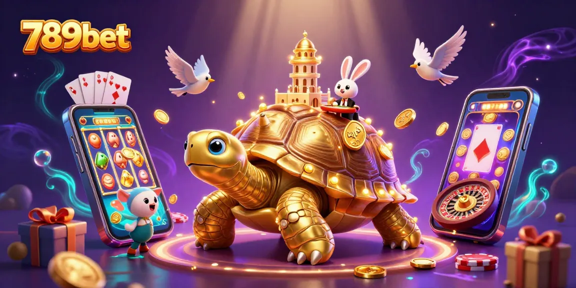 Join the excitement of 789bet with a vibrant 3D scene featuring a golden tortoise casino, a rabbit dealer, and flying coins.
