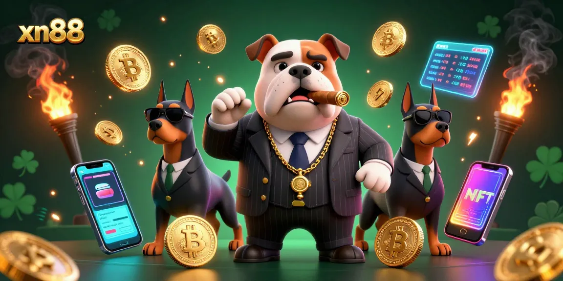 Experience thrilling gaming at xn88 with a stylized mafia bulldog and bodyguards in a vibrant casino scene.