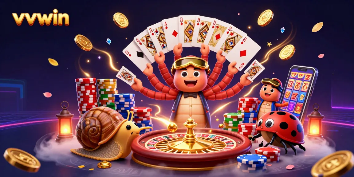 Experience big wins at vvvwin with a vibrant casino scene featuring a cartoon millipede dealer and a high-roller snail.