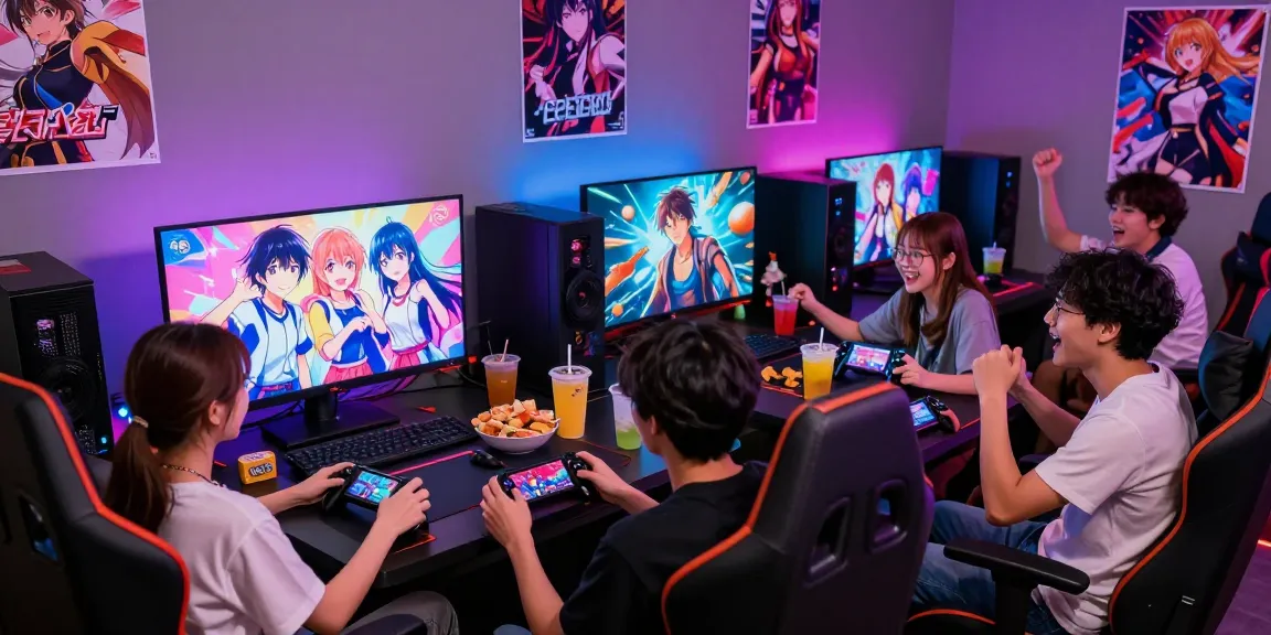 Group of friends enjoying ecchi games together in a cozy gaming lounge.