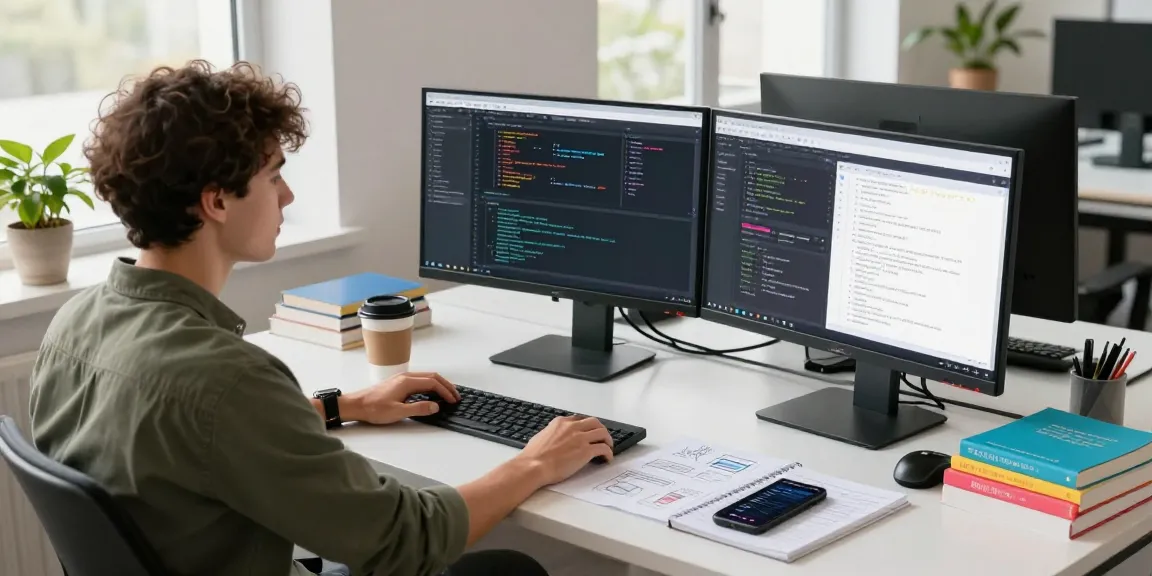 Pengembang perangkat lunak menggunakan GEGESLOT dengan monitor ganda dan alat desain di ruang kerja modern.