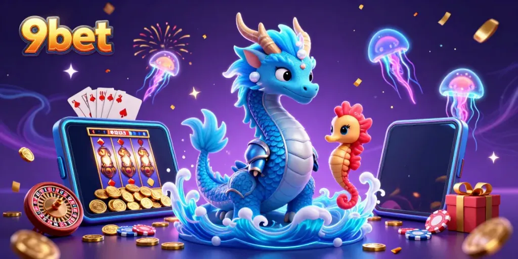 Experience thrilling gameplay with 9bet's vibrant 3D casino illustration featuring dazzling characters and game elements.