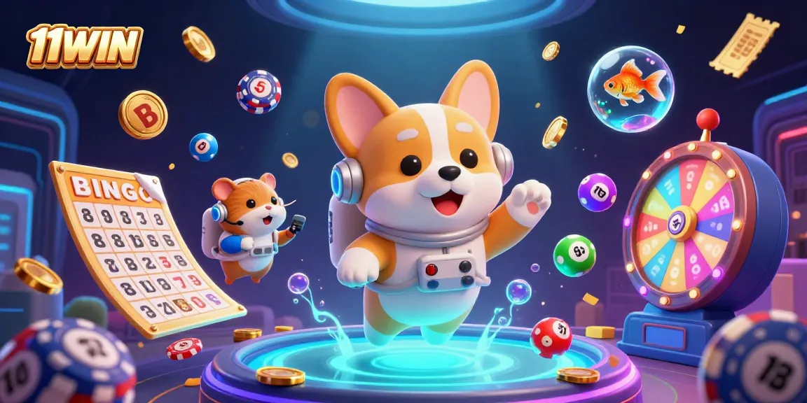 Engage with 11WIN by exploring an exciting space station casino scene filled with lottery balls and colorful gaming elements.