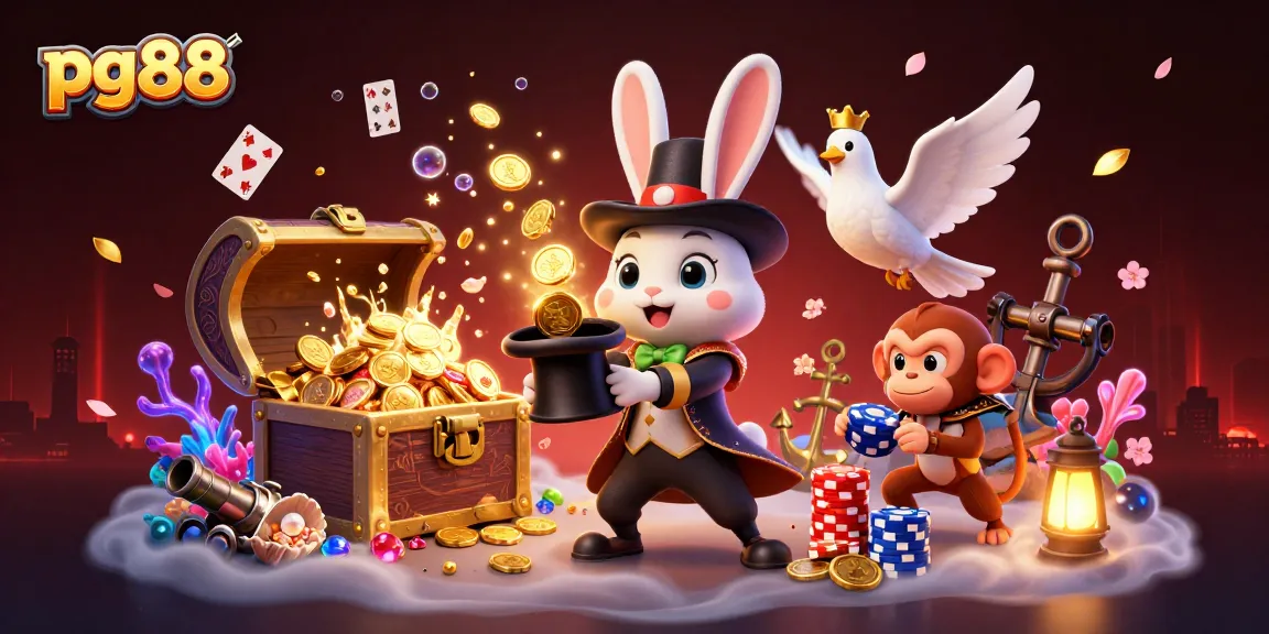 Engage in thrilling gameplay with the pg88 illustrations of a magician, dove, and monkey amidst casino elements.