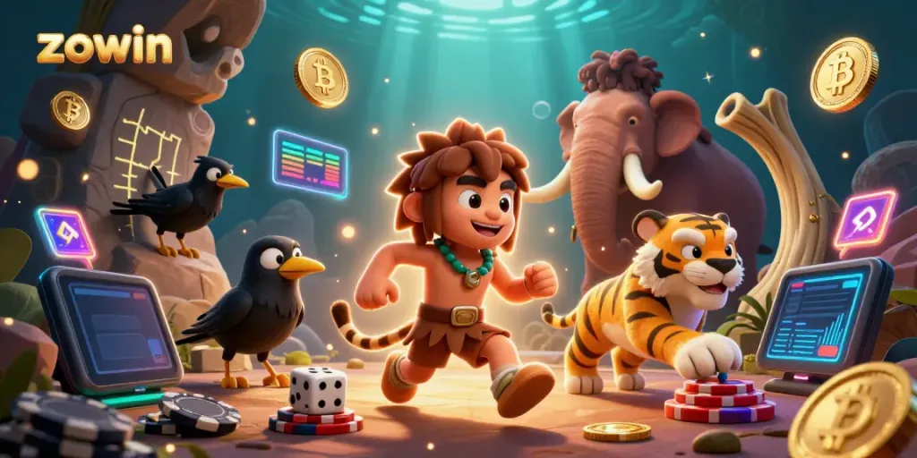 Zowin brings excitement with a vibrant 3D casino scene featuring a caveman and sabertooth tiger spinning games.