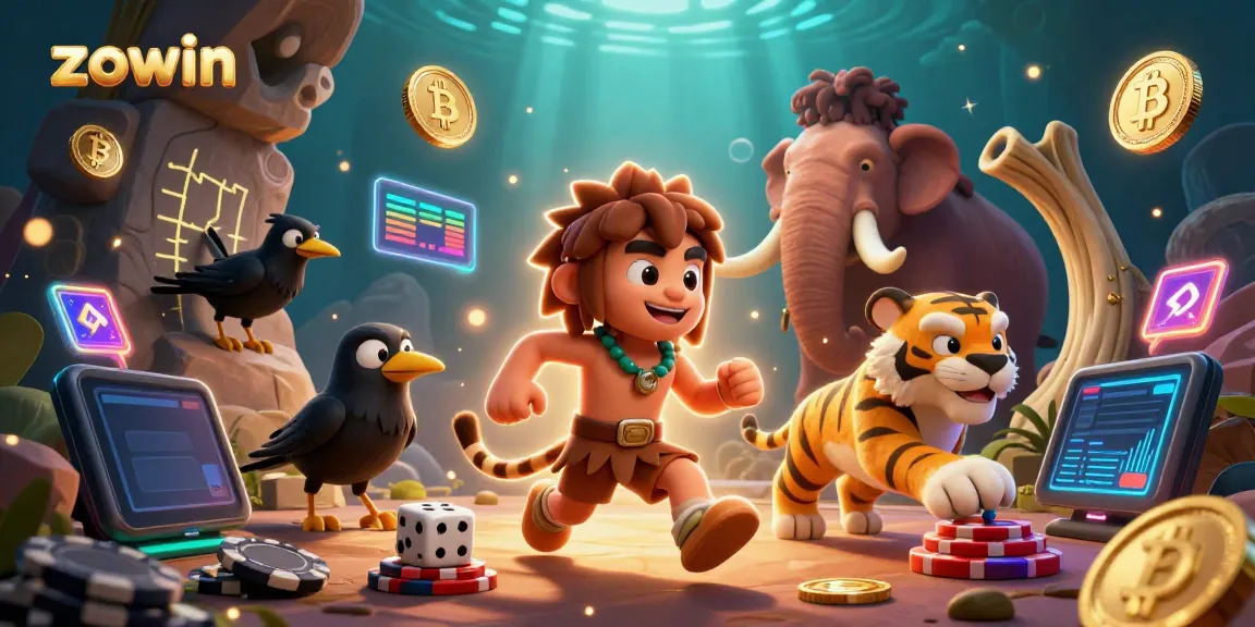 Zowin brings excitement with a vibrant 3D casino scene featuring a caveman and sabertooth tiger spinning games.
