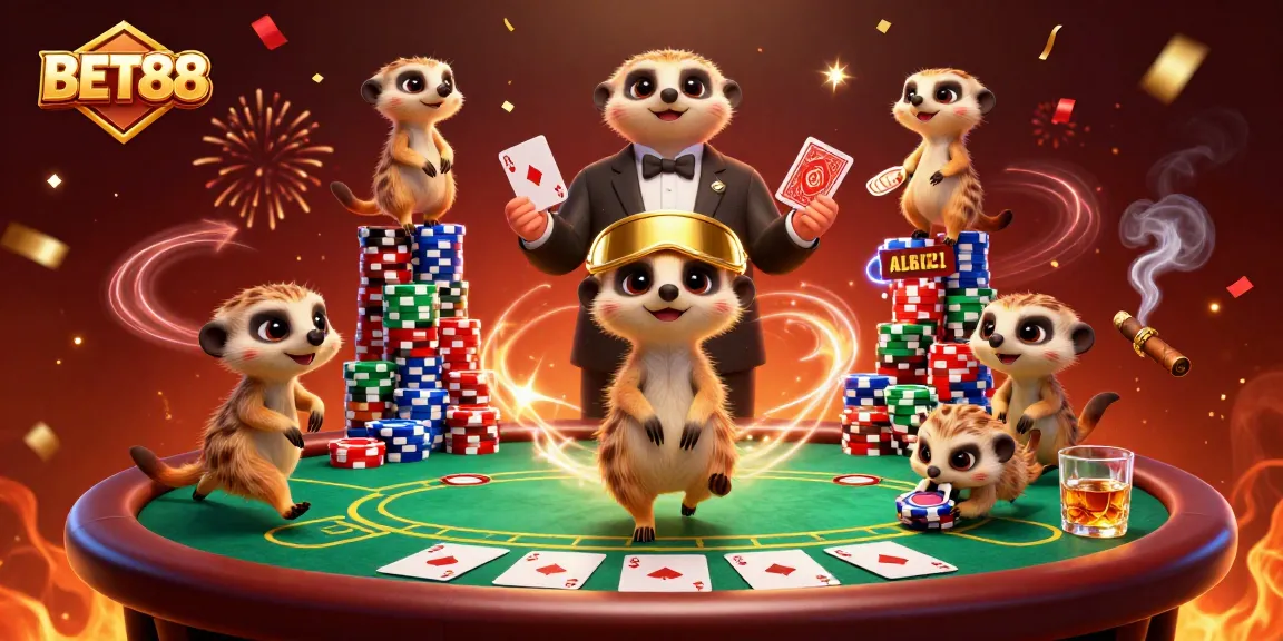 Experience the excitement of BET88 with cartoon meerkats orchestrating a lively casino scene filled with action.