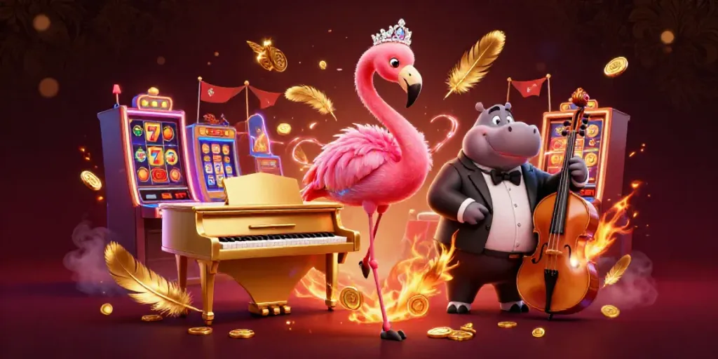 Experience the thrill of zo win in a vibrant casino scene with a flamingo singer and hippo bassist.