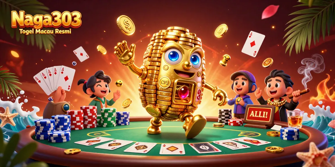 Naga303 Togel Macau Resmi showcases dynamic 3D illustration featuring a golden golem, poker elements, and interactive visuals.