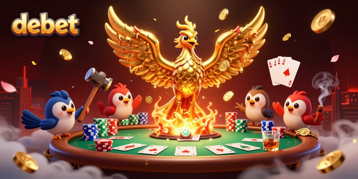 Experience the excitement of debet with a molten phoenix, gold coins, and vibrant poker elements.