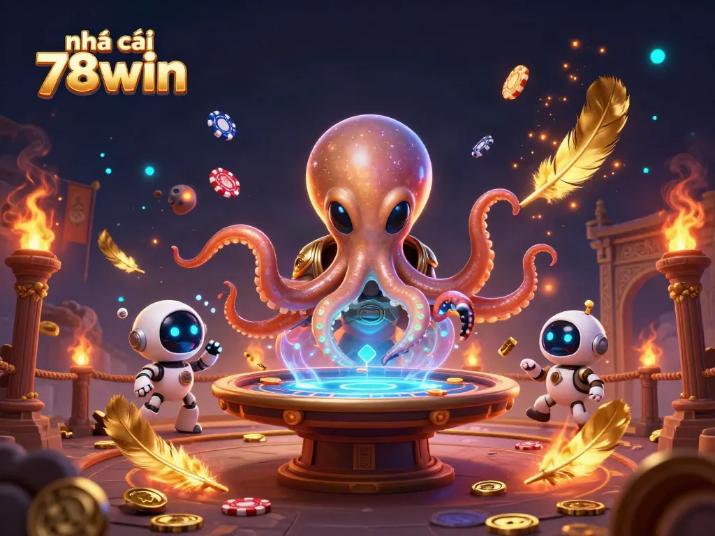 Engaging scene showcasing nhà cái 78win with an alien octopus at a holographic poker table surrounded by vibrant gaming elements.