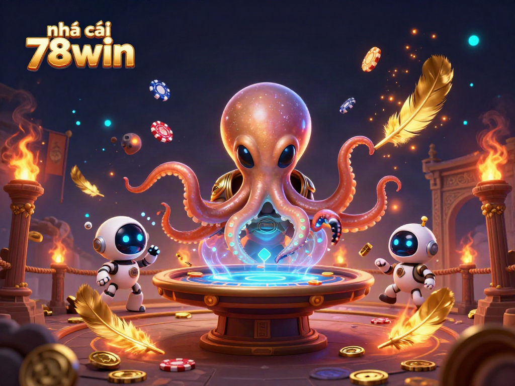 Engaging scene showcasing nhà cái 78win with an alien octopus at a holographic poker table surrounded by vibrant gaming elements.