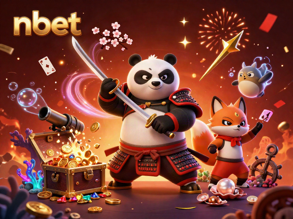 Unleash your luck with nbet, featuring a samurai panda and a ninja fox amidst a treasure-filled scene.