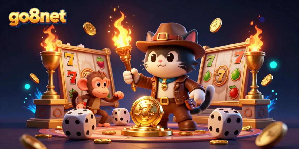 Experience thrilling gaming at go8net with an adventurous archaeologist cat and monkey companion.