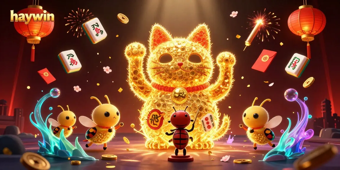 Chơi game haywin với những con đom đóm vàng tạo hình mèo thần tài đầy màu sắc tại casino.