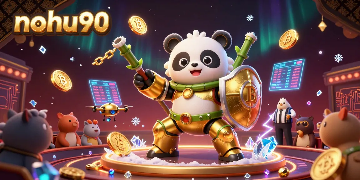 Nohu90 showcases a thrilling 3D casino battle scene with golden panda robots, crypto coins, and cheering animal spectators.